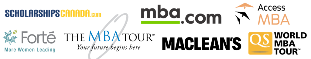 Logos of various companies where our services have been featured, including MBA.com, Macleans, The MBA Tour, and Forte.